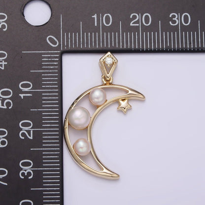 14K Gold Filled Open Celestial Crescent Moon Triple Pearl Star CZ Bail Pendant | AA634