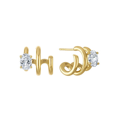 14K Gold Filled Oval CZ Triple Bar Claw C-Shaped Cartilage Hoop Earrings | AB990