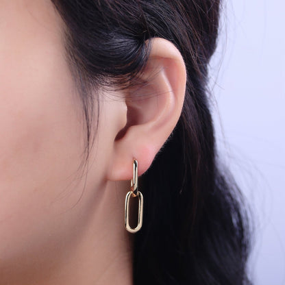 14K Gold Filled Oval Hoop Chunky Earrings With Dangle Link Chain Rectangular Hoop Earrings, Geometric Hoops T-295