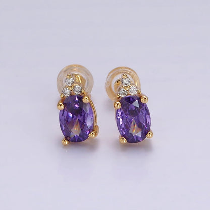 14K Gold Filled Oval Triple CZ Bezel Stud Earrings in Gold &amp; Silver | V-201