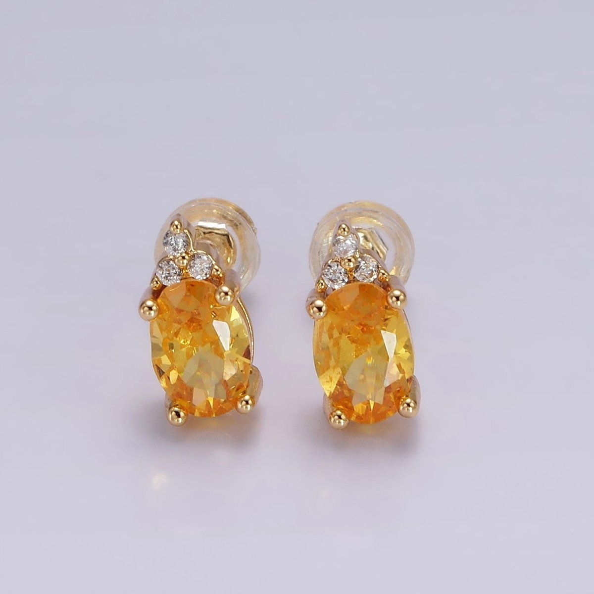 14K Gold Filled Oval Triple CZ Bezel Stud Earrings in Gold &amp; Silver | V-201