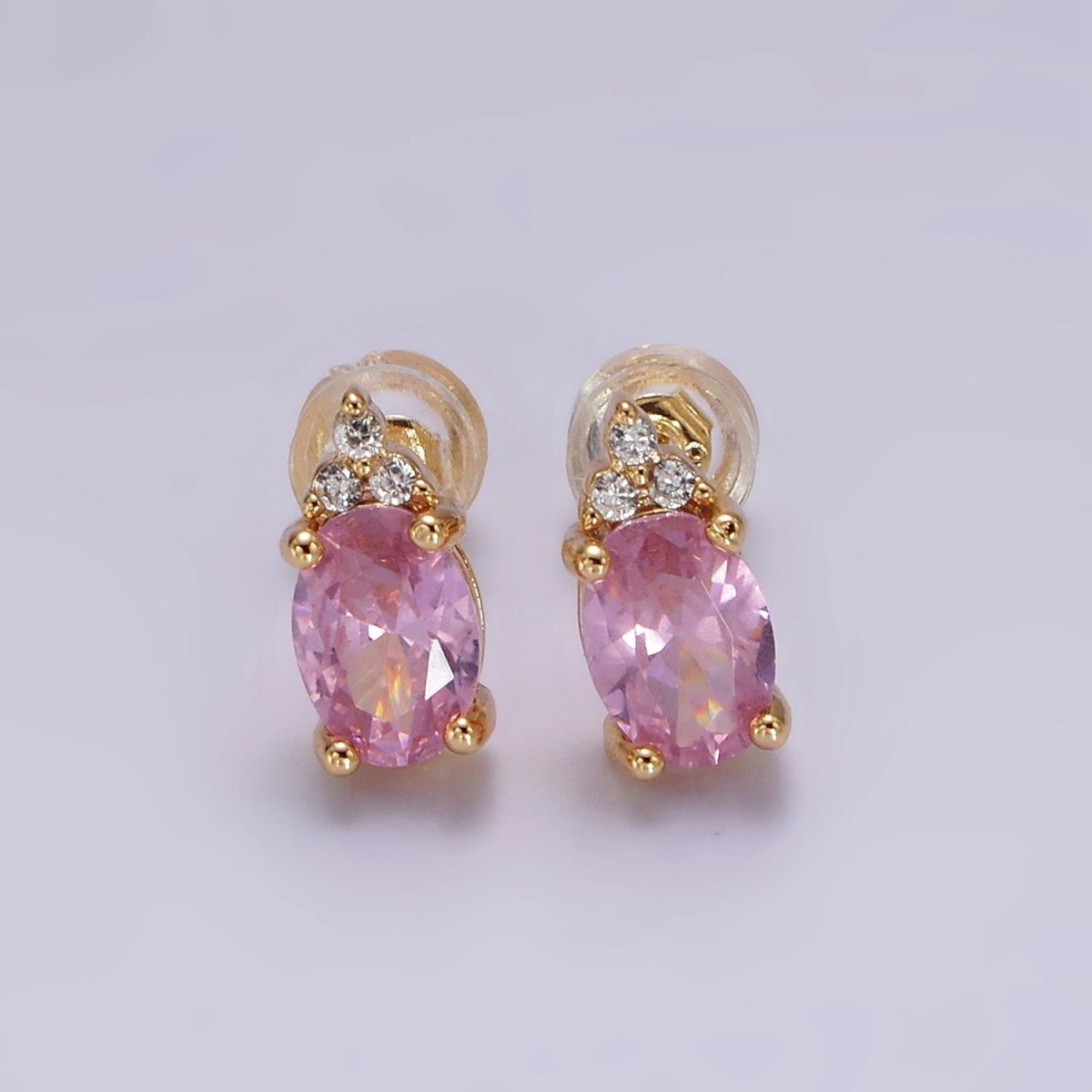 14K Gold Filled Oval Triple CZ Bezel Stud Earrings in Gold &amp; Silver | V-201