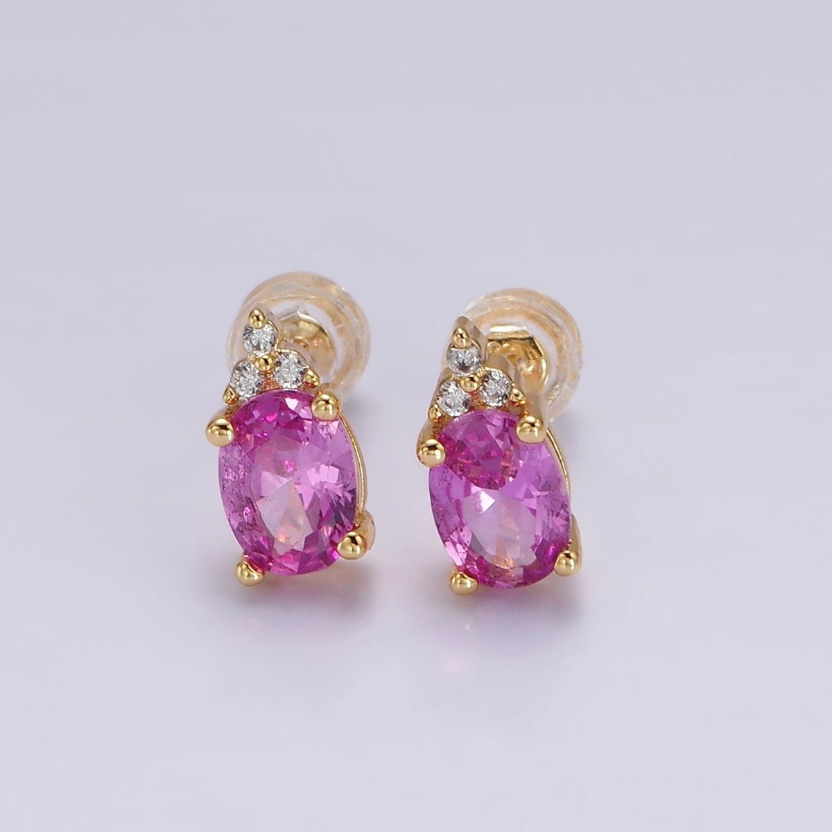 14K Gold Filled Oval Triple CZ Bezel Stud Earrings in Gold &amp; Silver | V-201
