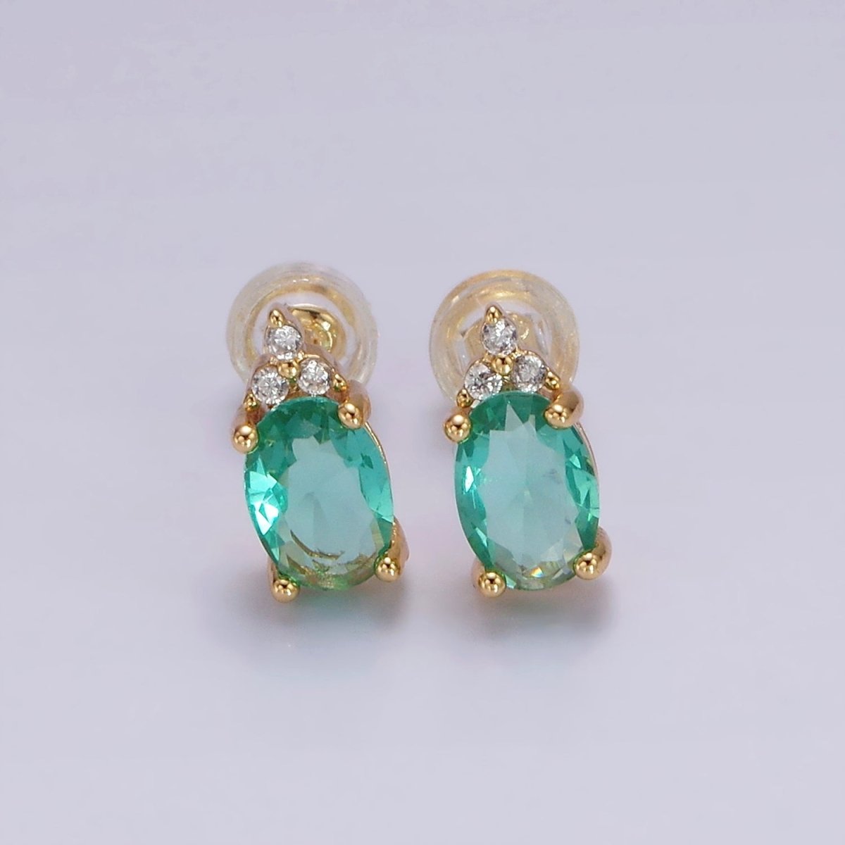 14K Gold Filled Oval Triple CZ Bezel Stud Earrings in Gold &amp; Silver | V-201