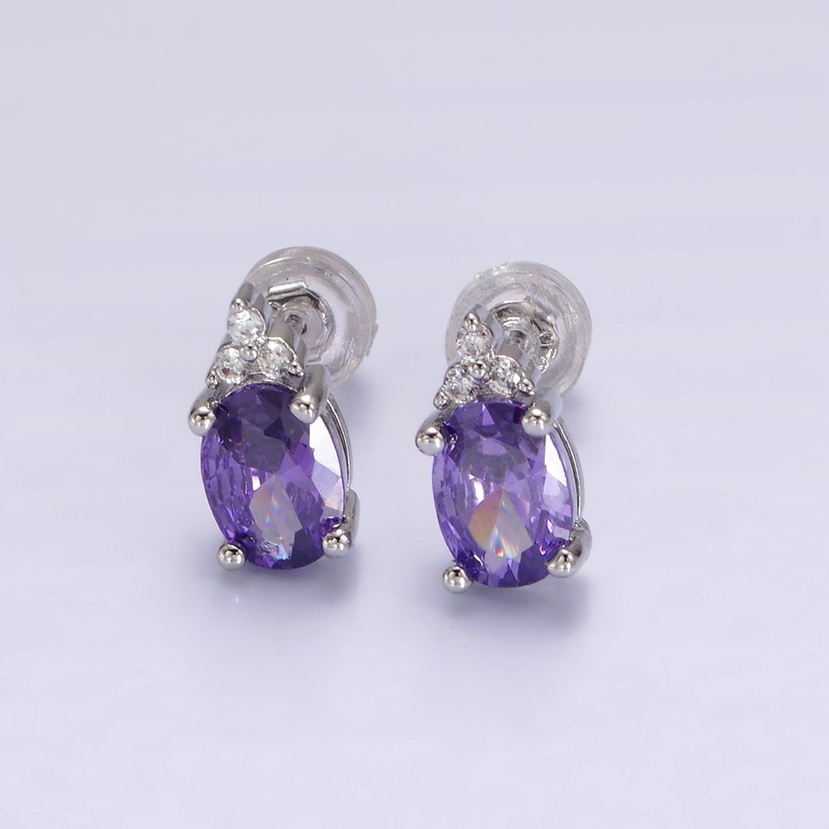 14K Gold Filled Oval Triple CZ Bezel Stud Earrings in Gold &amp; Silver | V-201