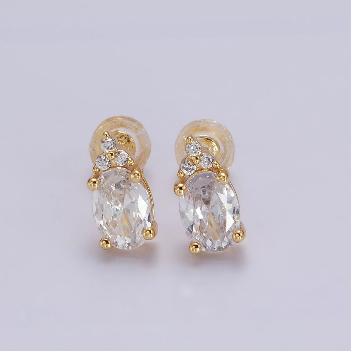 14K Gold Filled Oval Triple CZ Bezel Stud Earrings in Gold &amp; Silver | V-201