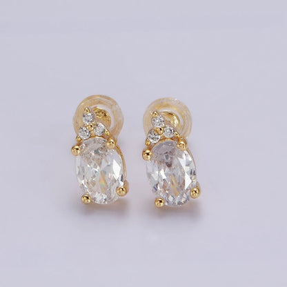 14K Gold Filled Oval Triple CZ Bezel Stud Earrings in Gold &amp; Silver | V-201
