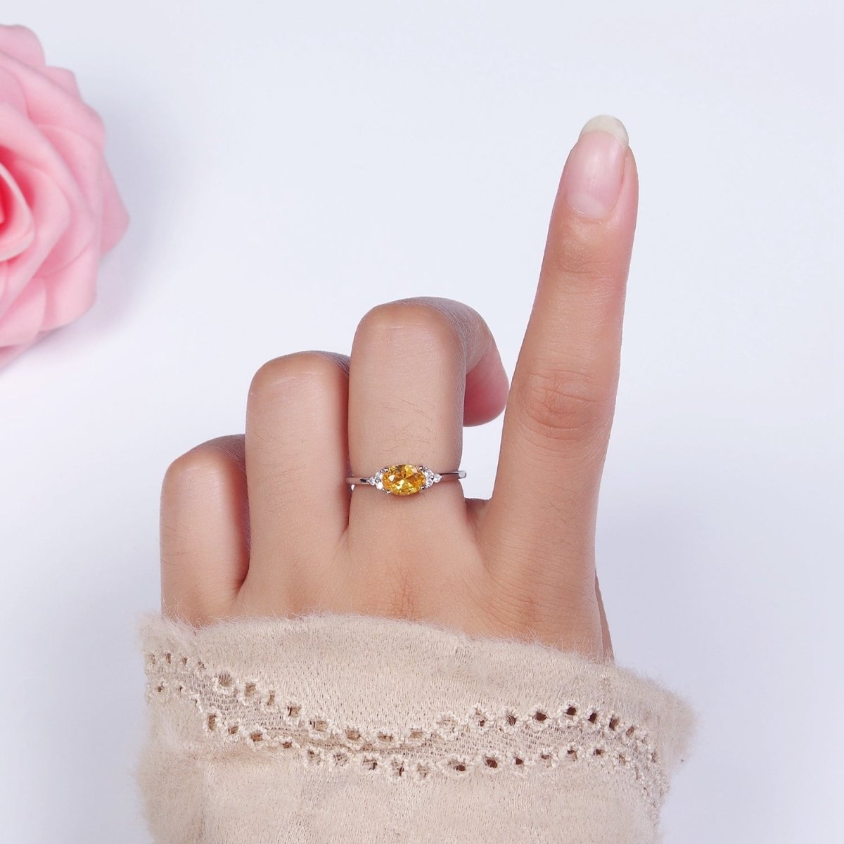 14K Gold Filled Oval Triple CZ Solitaire Birthstone Ring in Gold &amp; Silver | O1128 - O1155