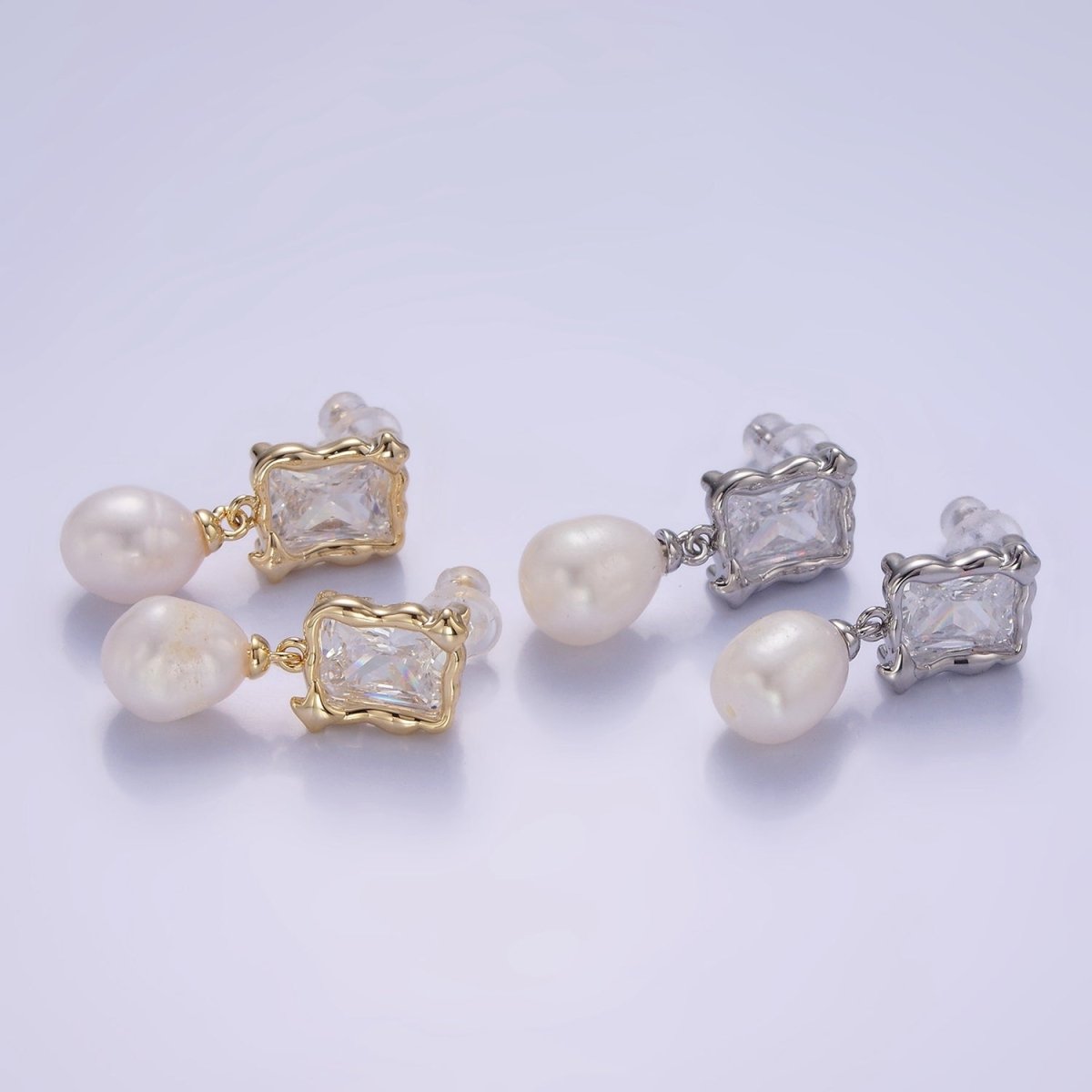 14K Gold Filled Pearl Baguette Molten Drop Stud Earrings in Gold &amp; Silver | AE486 AE487