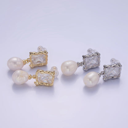 14K Gold Filled Pearl Baguette Molten Drop Stud Earrings in Gold &amp; Silver | AE486 AE487