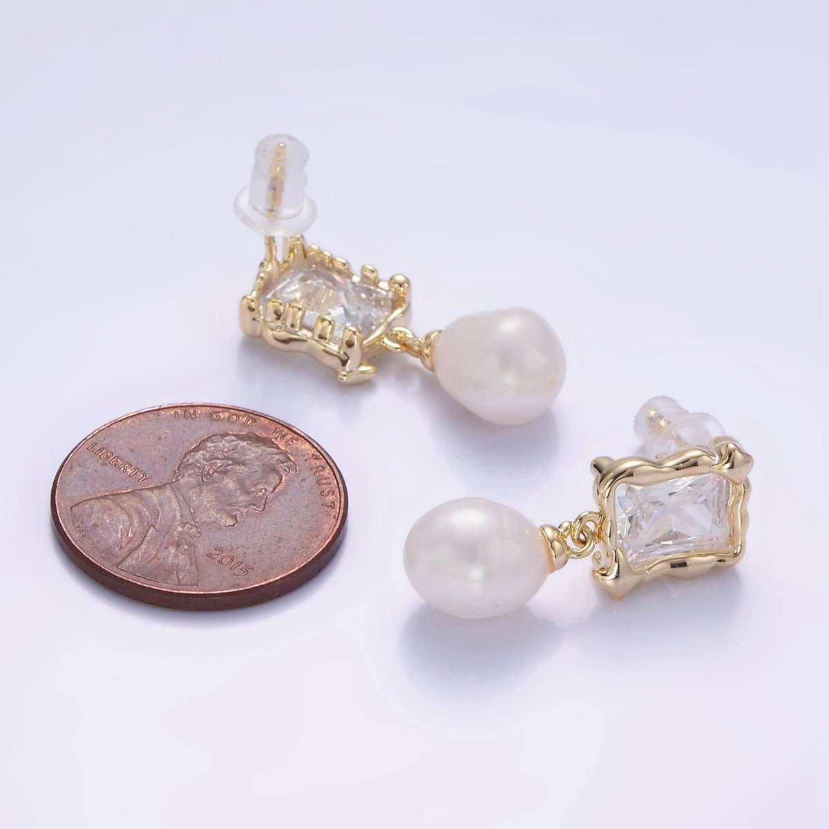 14K Gold Filled Pearl Baguette Molten Drop Stud Earrings in Gold &amp; Silver | AE486 AE487