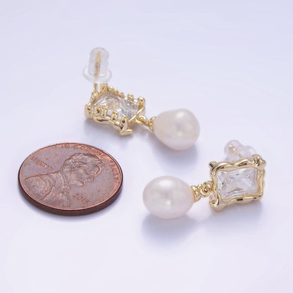 14K Gold Filled Pearl Baguette Molten Drop Stud Earrings in Gold &amp; Silver | AE486 AE487