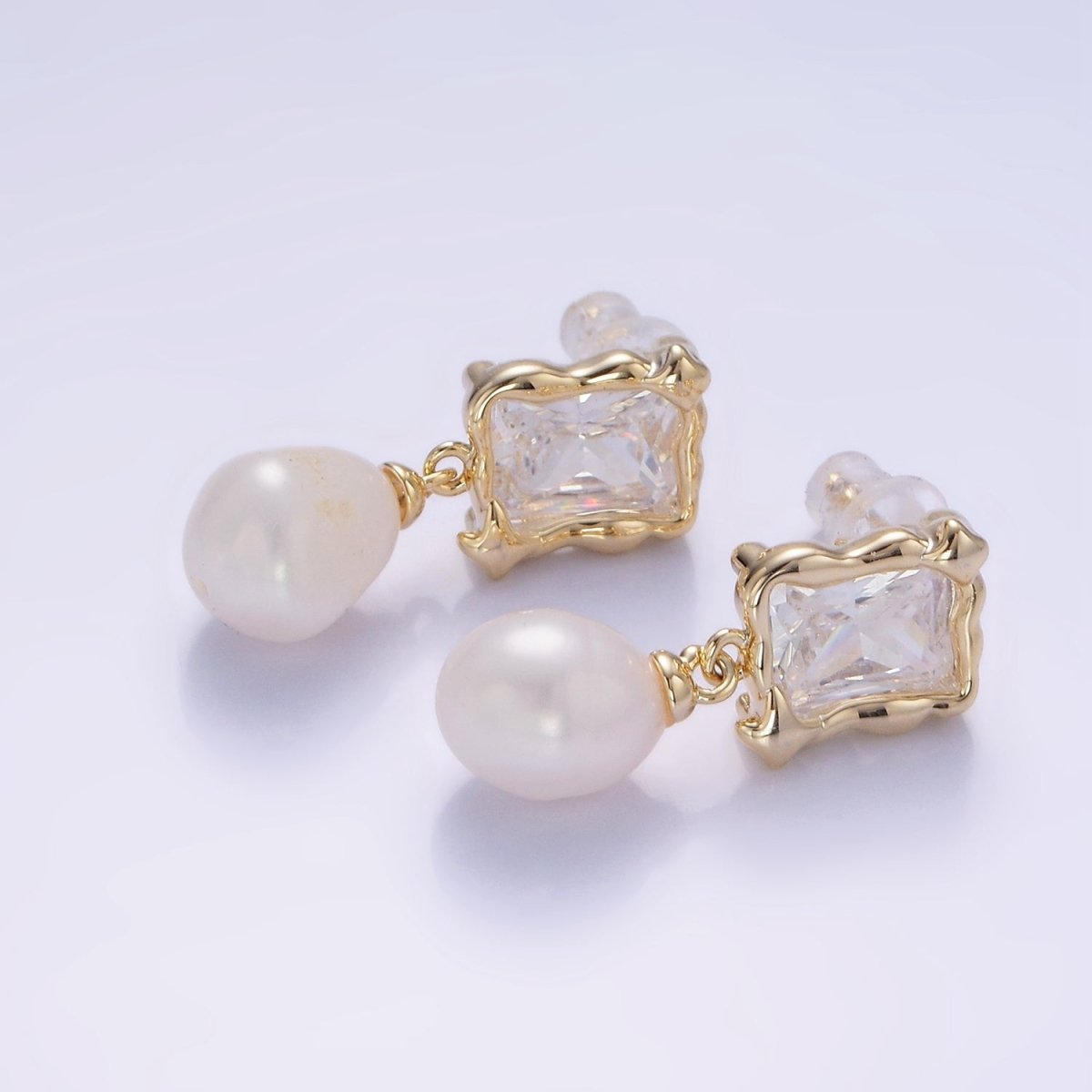 14K Gold Filled Pearl Baguette Molten Drop Stud Earrings in Gold &amp; Silver | AE486 AE487