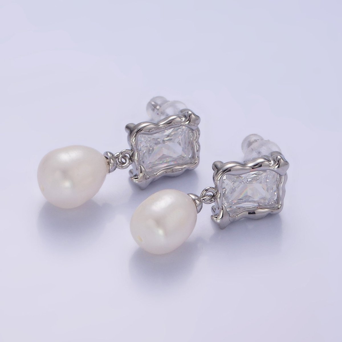 14K Gold Filled Pearl Baguette Molten Drop Stud Earrings in Gold &amp; Silver | AE486 AE487