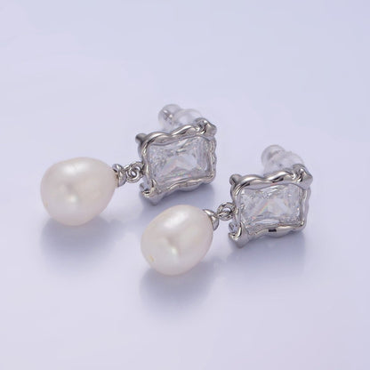 14K Gold Filled Pearl Baguette Molten Drop Stud Earrings in Gold &amp; Silver | AE486 AE487