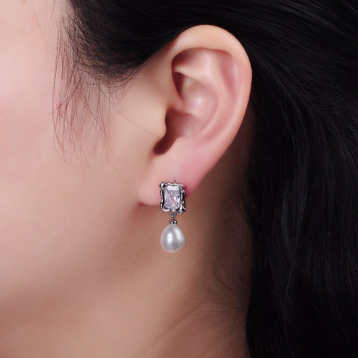 14K Gold Filled Pearl Baguette Molten Drop Stud Earrings in Gold &amp; Silver | AE486 AE487