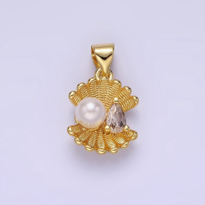 14K Gold Filled Pearl Clear CZ Teardrop Line-Textured Clam Sea Shell Pendant | AA1147