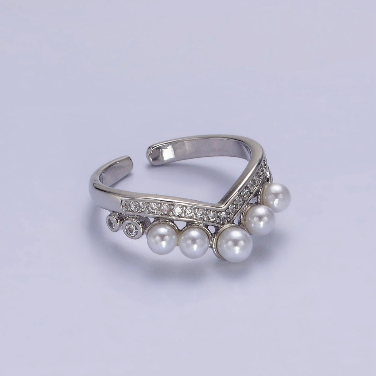 14K Gold Filled Pearl Dotted Clear Micro Paved CZ Chevron Ring in Gold &amp; Silver | O-833 O-633