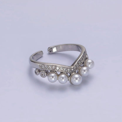 14K Gold Filled Pearl Dotted Clear Micro Paved CZ Chevron Ring in Gold &amp; Silver | O-833 O-633
