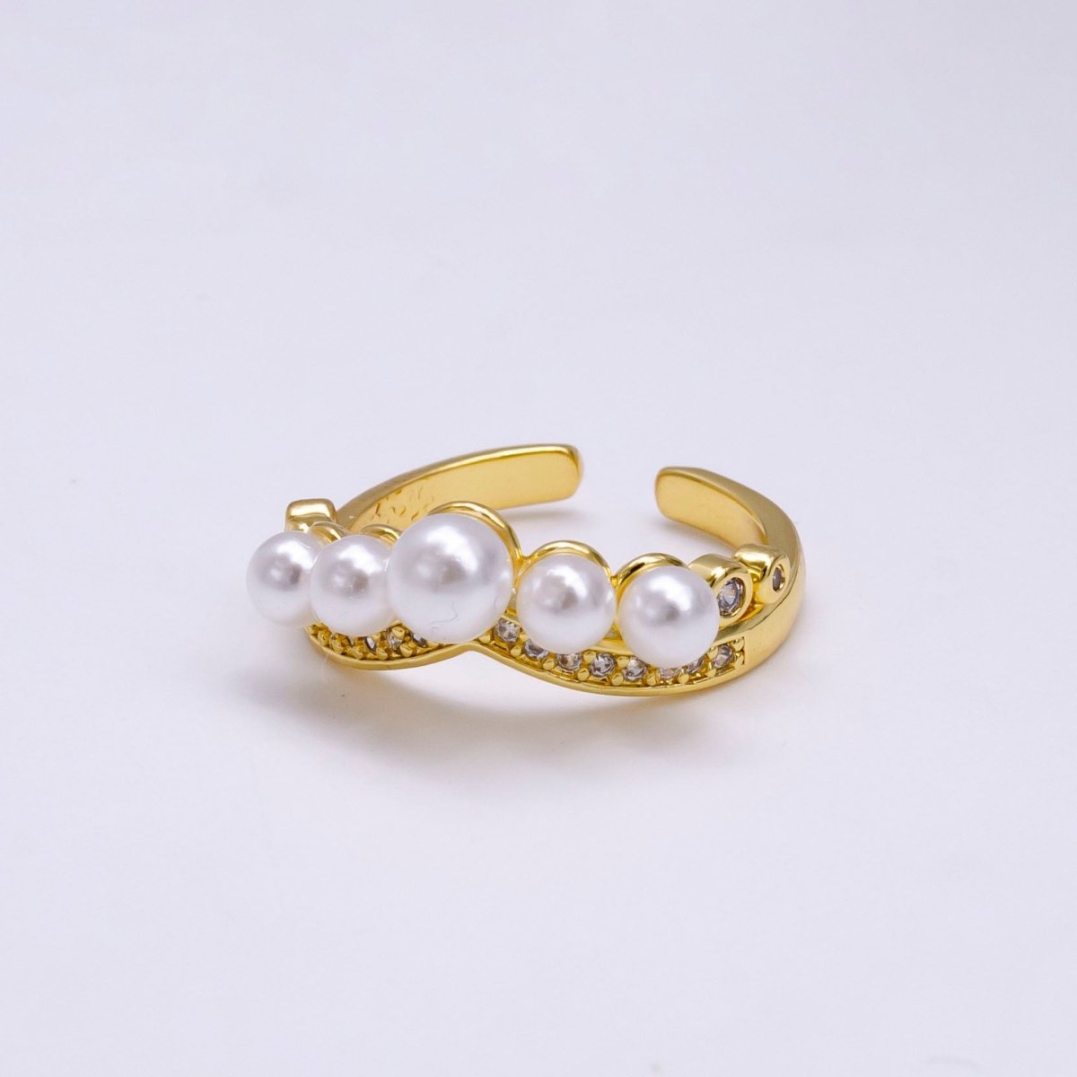 14K Gold Filled Pearl Dotted Clear Micro Paved CZ Chevron Ring in Gold &amp; Silver | O-833 O-633