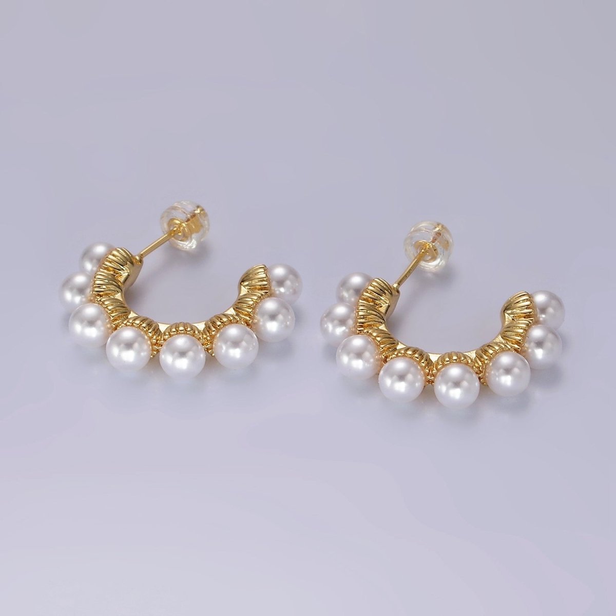 14K Gold Filled Pearl Dotted Lined C-Shaped Hoop Earrings | AE179