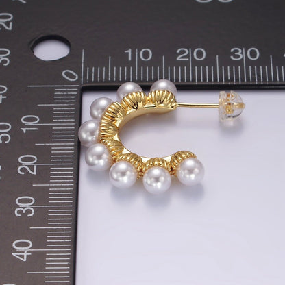 14K Gold Filled Pearl Dotted Lined C-Shaped Hoop Earrings | AE179