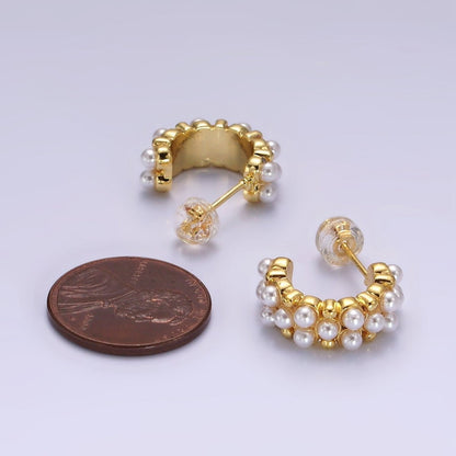 14K Gold Filled Pearl Dotted Wide C-Shaped Hoop Earrings in Gold &amp; Silver | AE943 AE944