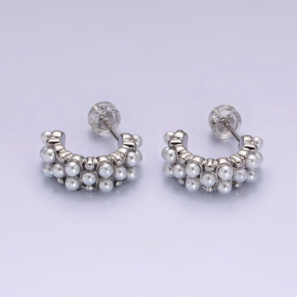 14K Gold Filled Pearl Dotted Wide C-Shaped Hoop Earrings in Gold &amp; Silver | AE943 AE944