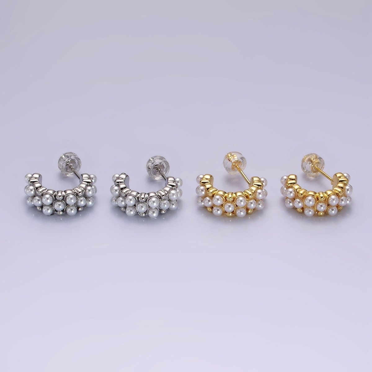 14K Gold Filled Pearl Dotted Wide C-Shaped Hoop Earrings in Gold &amp; Silver | AE943 AE944