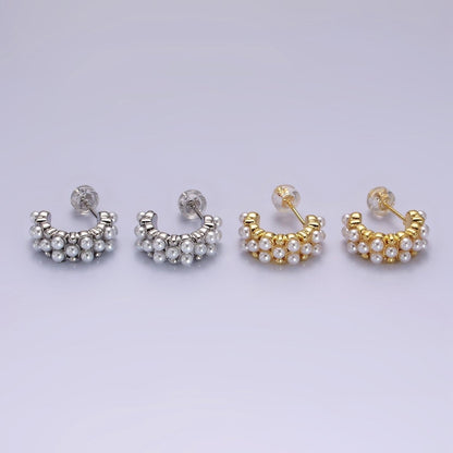 14K Gold Filled Pearl Dotted Wide C-Shaped Hoop Earrings in Gold &amp; Silver | AE943 AE944