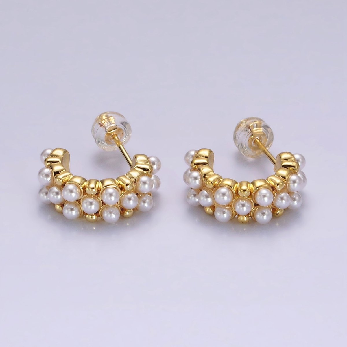 14K Gold Filled Pearl Dotted Wide C-Shaped Hoop Earrings in Gold &amp; Silver | AE943 AE944