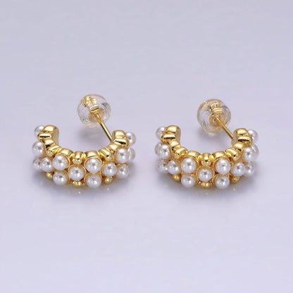 14K Gold Filled Pearl Dotted Wide C-Shaped Hoop Earrings in Gold &amp; Silver | AE943 AE944