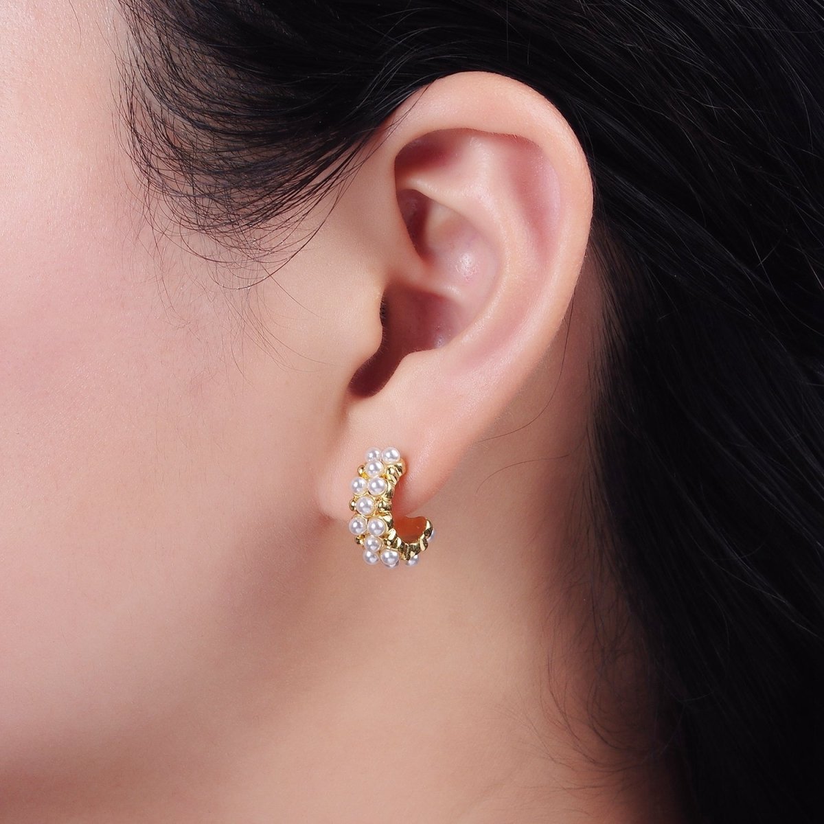 14K Gold Filled Pearl Dotted Wide C-Shaped Hoop Earrings in Gold &amp; Silver | AE943 AE944