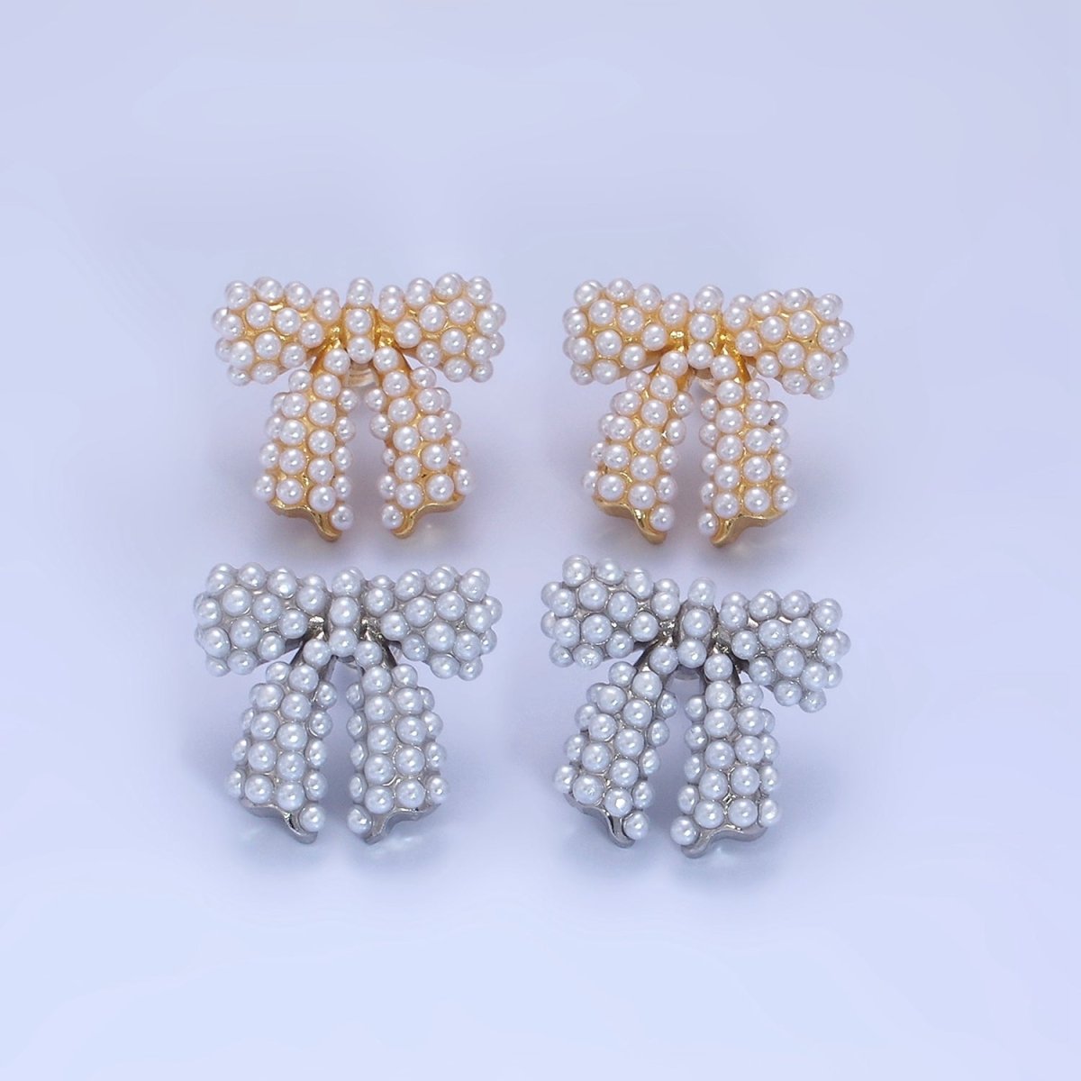 14K Gold Filled Pearl Ribbon Bow Stud Earrings in Gold &amp; Silver | P246 P247