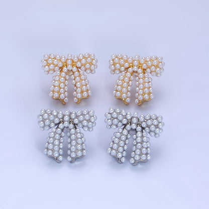 14K Gold Filled Pearl Ribbon Bow Stud Earrings in Gold &amp; Silver | P246 P247