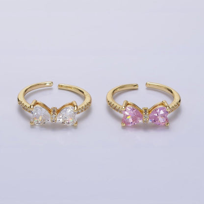 14K Gold Filled Pink, Clear CZ Heart Ribbon Micro Paved Ring | O-637 O-638