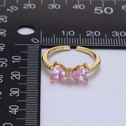 14K Gold Filled Pink, Clear CZ Heart Ribbon Micro Paved Ring | O-637 O-638