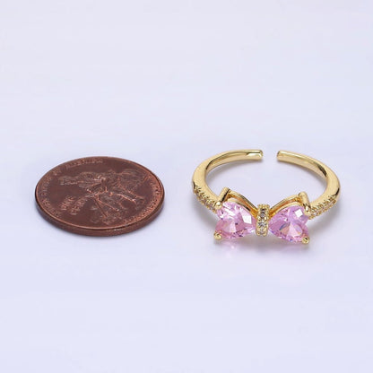 14K Gold Filled Pink, Clear CZ Heart Ribbon Micro Paved Ring | O-637 O-638