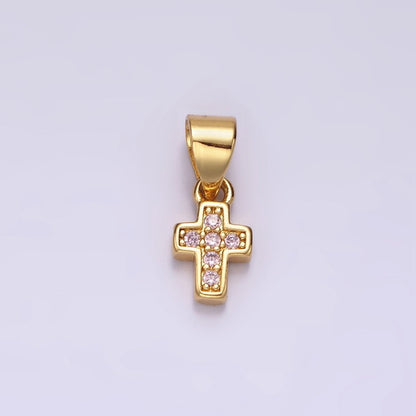 14K Gold Filled Pink, Clear, Green CZ Micro Paved Religious Cross Mini Pendant | N1917 - N1919