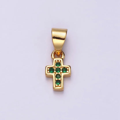 14K Gold Filled Pink, Clear, Green CZ Micro Paved Religious Cross Mini Pendant | N1917 - N1919
