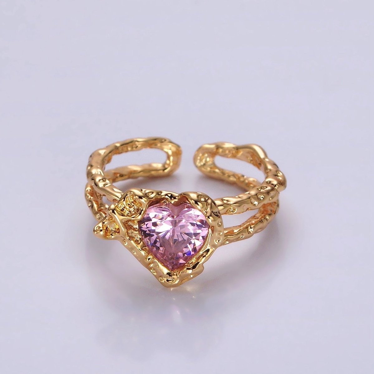 14K Gold Filled Pink CZ Heart Dented Molten Double Band Ring | O1063