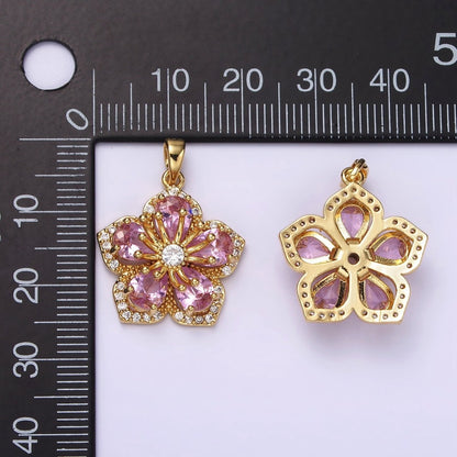 14K Gold Filled Pink Petal Clear Micro Paved CZ Flower Pendant | AH049