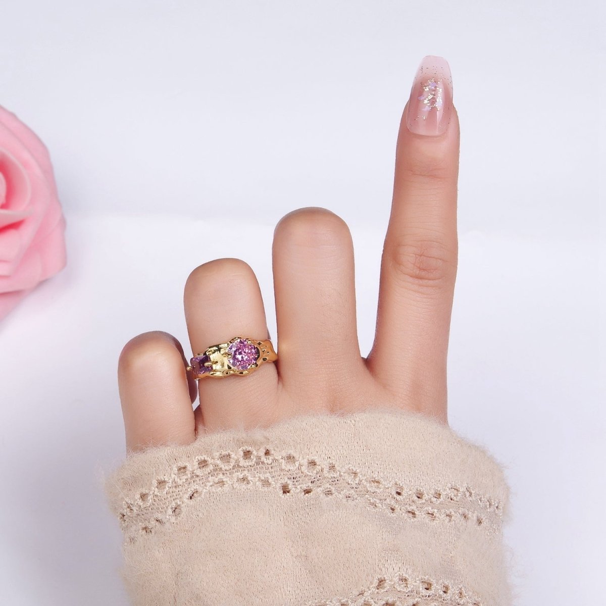 14K Gold Filled Pink Purple CZ Hammered Ring in Gold &amp; Silver | O1329 O1330