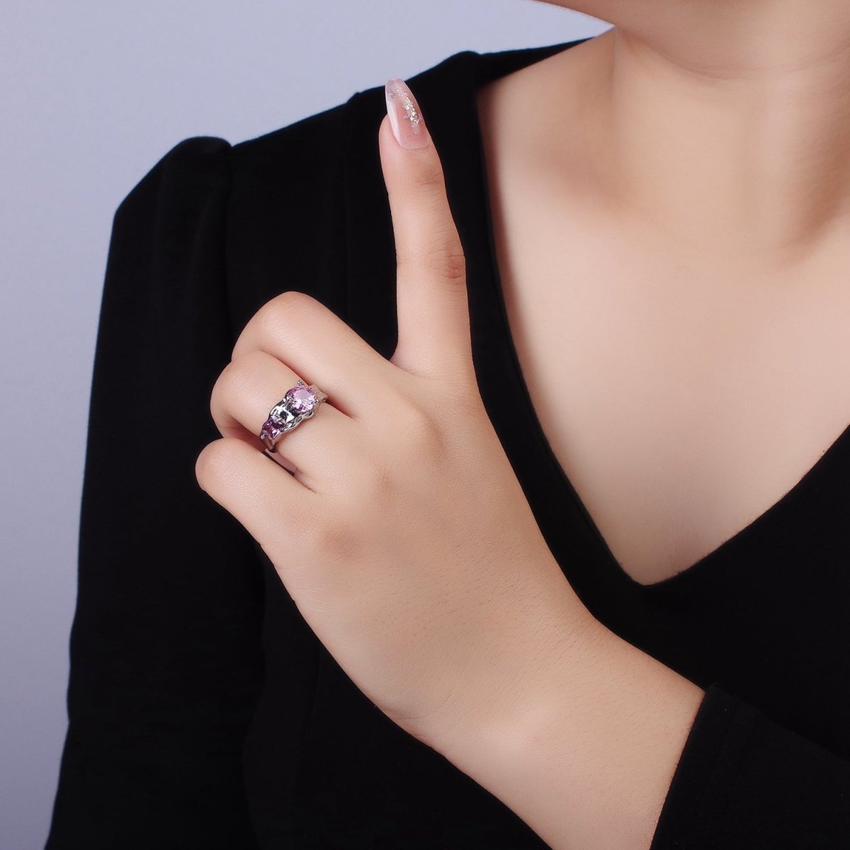 14K Gold Filled Pink Purple CZ Hammered Ring in Gold &amp; Silver | O1329 O1330