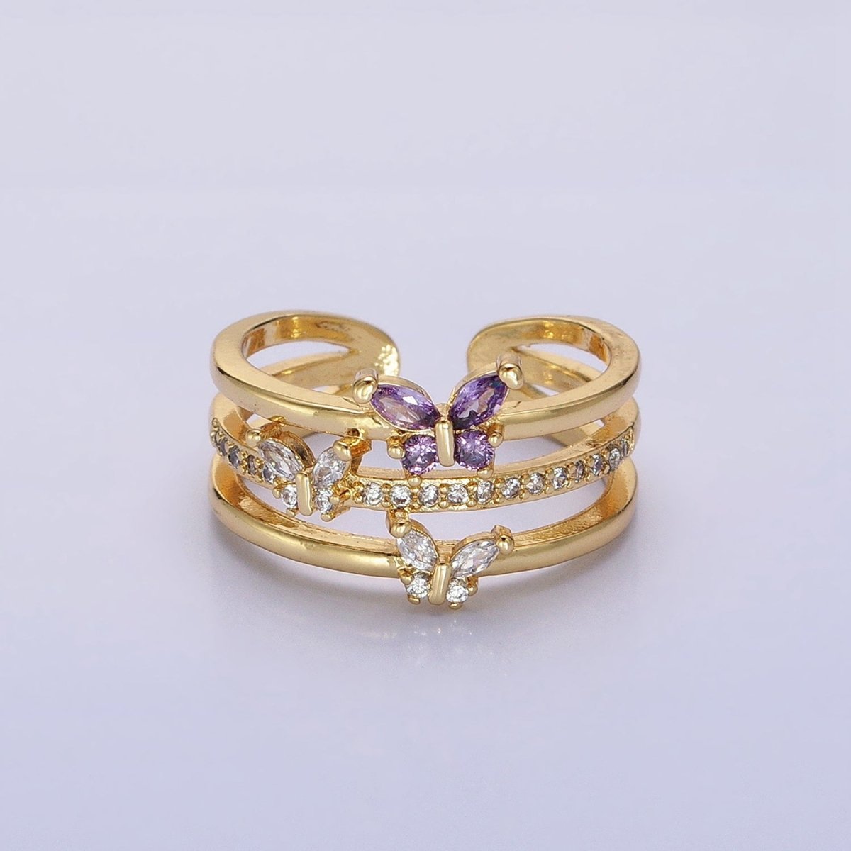 14K Gold Filled Purple CZ Butterfly Mariposa Clear Micro Paved Triple Band Ring in Gold &amp; Silver | O-1559 O-1560