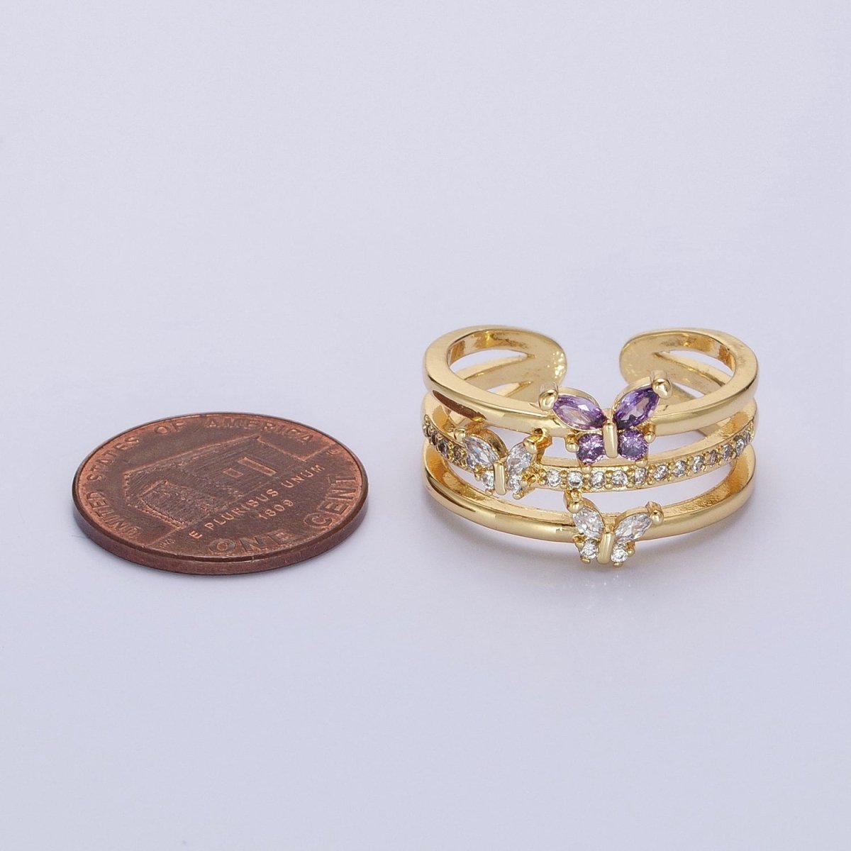 14K Gold Filled Purple CZ Butterfly Mariposa Clear Micro Paved Triple Band Ring in Gold &amp; Silver | O-1559 O-1560