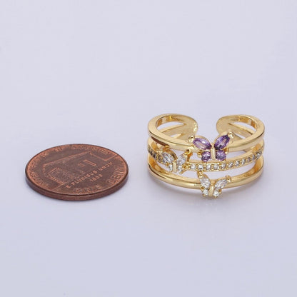 14K Gold Filled Purple CZ Butterfly Mariposa Clear Micro Paved Triple Band Ring in Gold &amp; Silver | O-1559 O-1560