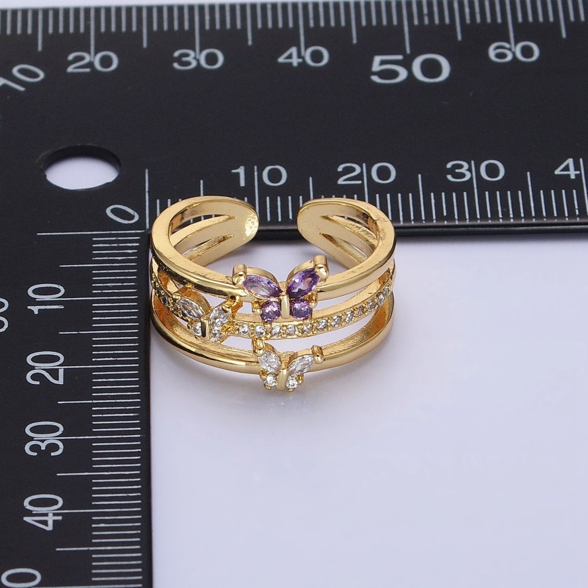 14K Gold Filled Purple CZ Butterfly Mariposa Clear Micro Paved Triple Band Ring in Gold &amp; Silver | O-1559 O-1560