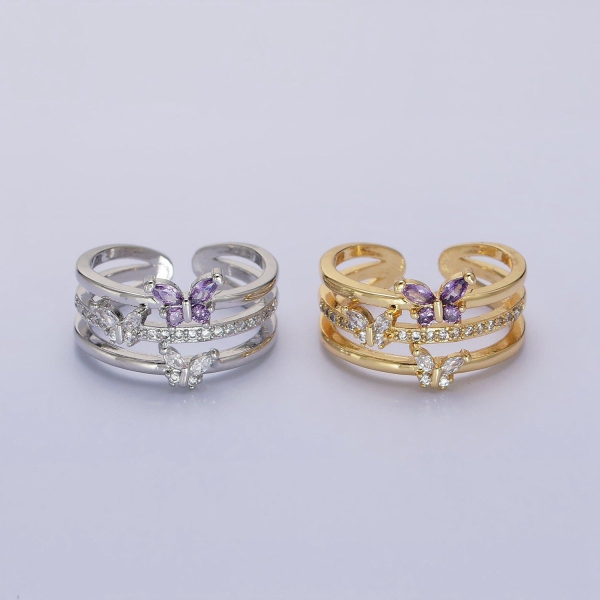 14K Gold Filled Purple CZ Butterfly Mariposa Clear Micro Paved Triple Band Ring in Gold &amp; Silver | O-1559 O-1560