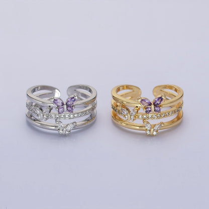 14K Gold Filled Purple CZ Butterfly Mariposa Clear Micro Paved Triple Band Ring in Gold &amp; Silver | O-1559 O-1560